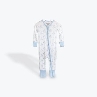 White baby sleeper with light blue trim and pattern