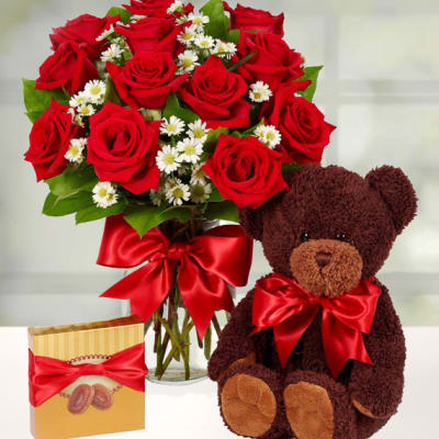 Dozen Roses with Teddy Bear & Chocolates
