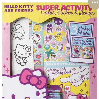 Hello Kitty and Friends activity set with coloring books, stickers, and crayons