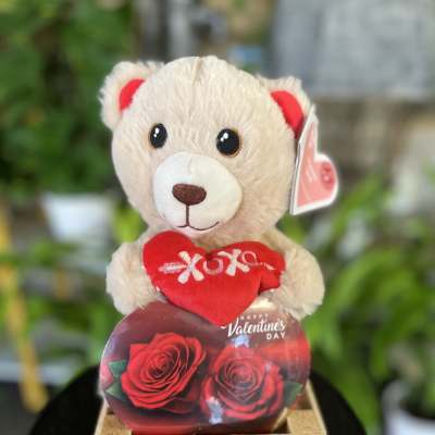 Teddy bear holding a red heart in a wooden crate with rose graphics