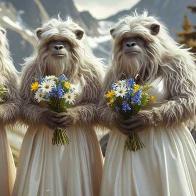 Three furry creatures in white dresses hold small wildflower bouquets.
