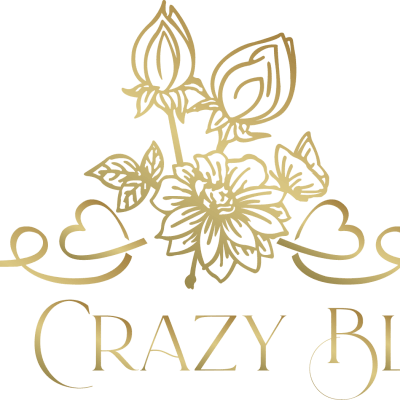 Gold floral logo reading May Crazy Bloom on a green background