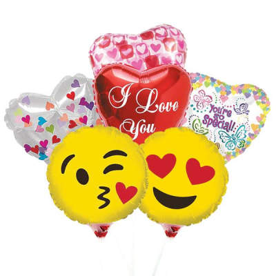 Cluster of heart-shaped and emoji balloons with love messages