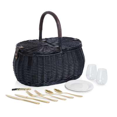 Black wicker picnic basket with plates, glasses, and gold utensils
