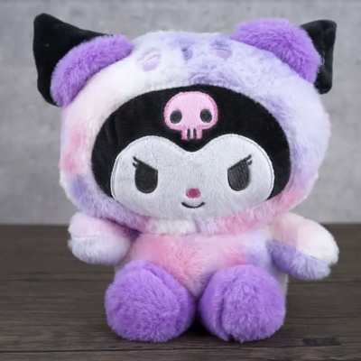 Plush character toy in a purple, pink, and black hooded outfit