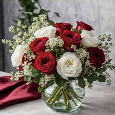 Red and white ranunculus bouquet in a clear glass vase