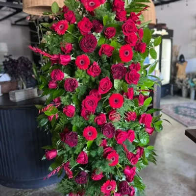 All-Red Standing Spray – Massive Funeral & Casket Flower Arrangement