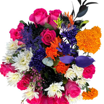 Bright mixed bouquet with pink roses, white daisies, and orange marigolds