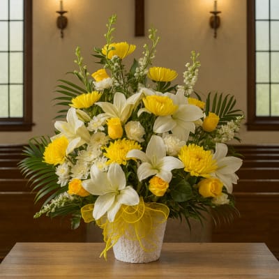 Yellow and white floral arrangement in a white vase