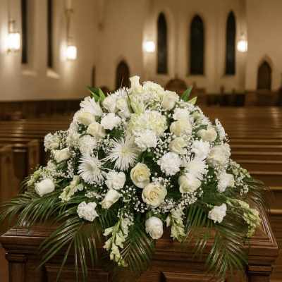 White floral spray on a wooden casket in a church
