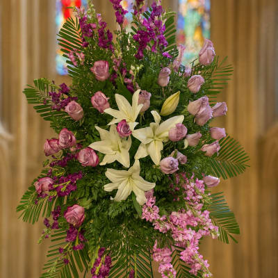 Standing floral spray with white lilies and pink roses