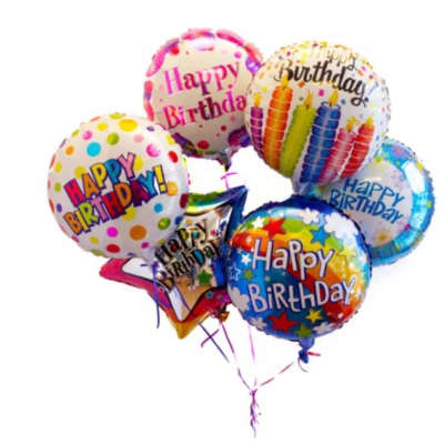 Cluster of colorful birthday balloons with printed messages