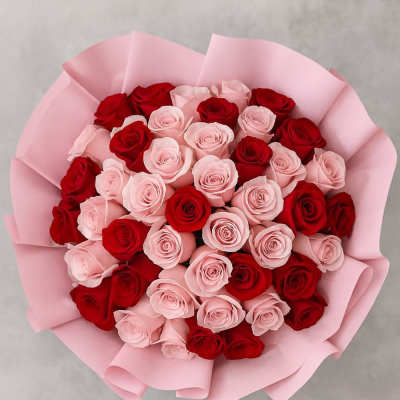 Bouquet of red and pink roses wrapped in pink paper