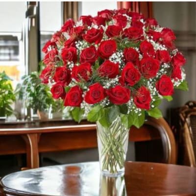 Bouquet of red roses in a clear glass vase