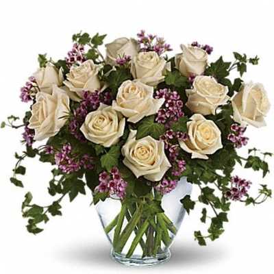 Cream roses in a glass vase with purple filler flowers