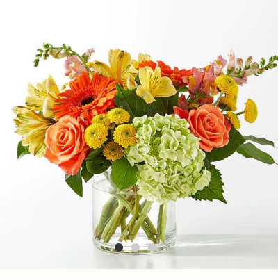 Colorful bouquet in a clear glass vase with roses, gerbera daisies, and hydrangea