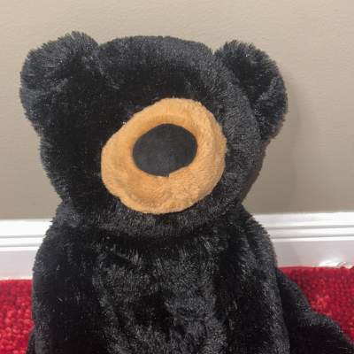 Black teddy bear plush with tan muzzle and paw pads