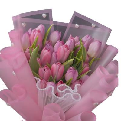 Pink tulip bouquet wrapped in translucent pink paper
