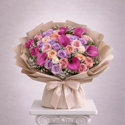 Bouquet of pink, lavender, and peach roses with magenta calla lilies