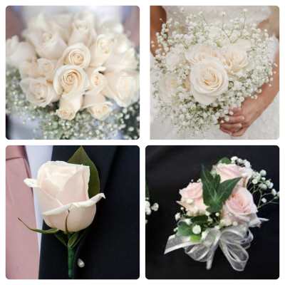 White rose bouquet with baby's breath and a rose boutonniere