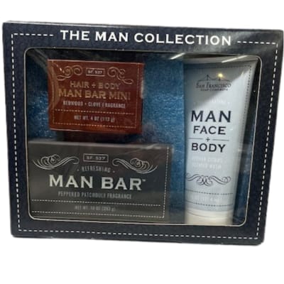 Men's grooming gift set in a black box with soap and body wash