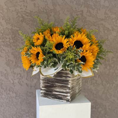 Sunflower arrangement in a square wooden box with white ribbon