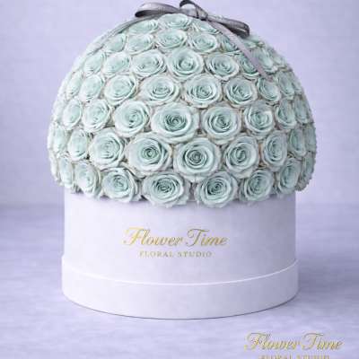 Round box of pale blue roses with a ribbon bow