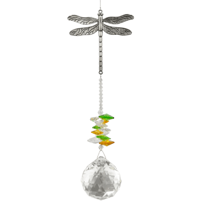 Metal dragonfly suncatcher with clear faceted crystal ball and colored crystal beads.