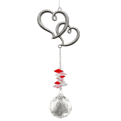 Hanging silver double-heart ornament with red and clear crystals and a faceted crystal ball
