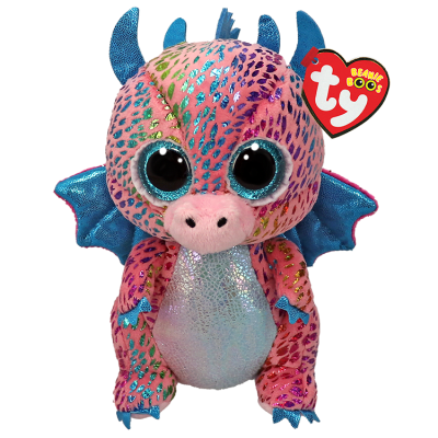 Sparkly pink and blue dragon plush toy with large glittery eyes and wings