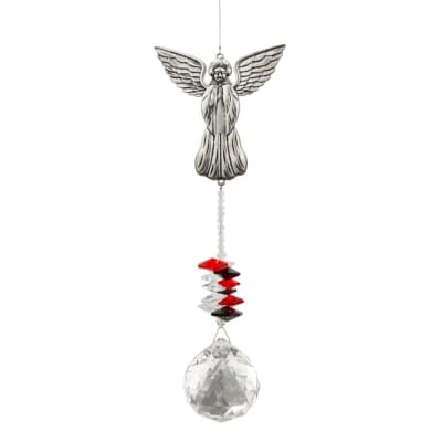 Hanging silver angel ornament with red and clear crystals and a faceted crystal ball.
