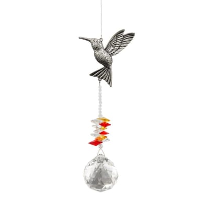 Hanging hummingbird ornament with crystal beads and faceted glass ball
