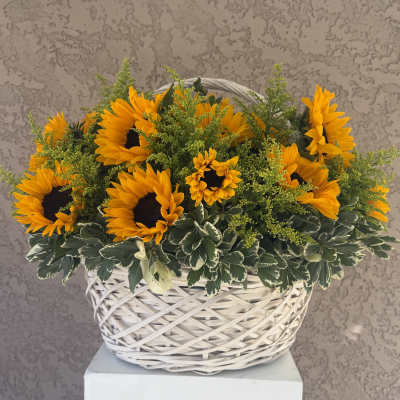 Basket of bright sunflowers with green filler