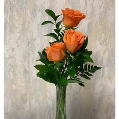 Three orange roses in a clear glass vase