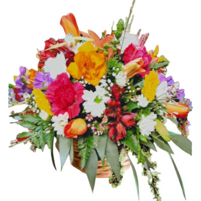 Colorful mixed flower arrangement in a basket