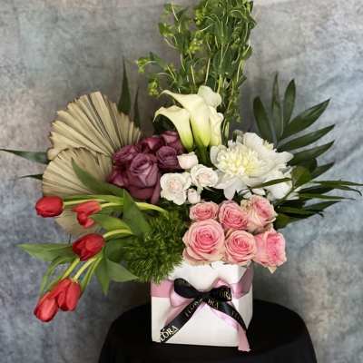 Elegant White Vase with Pink & Purple Roses, Tulips, Lilies, Peonies & Palms
