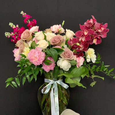 Organic Shape Arrangement with Roses, Peonies, Stock & Cymbidium