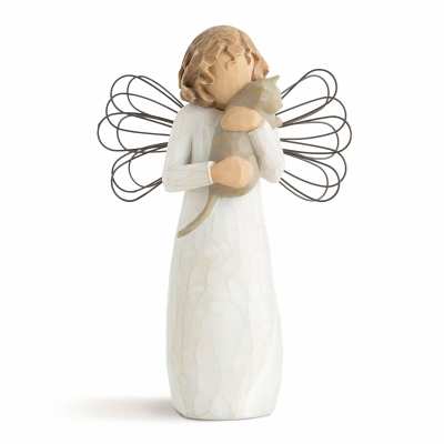 Angel figurine holding a small cat with wire wings