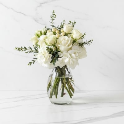 White roses and hydrangeas in a clear glass vase