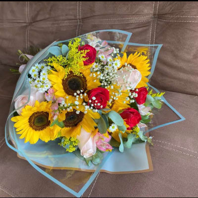 13 Roses with Sunflowers Colorful Wrapped Bouquet