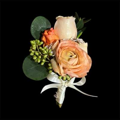 Small peach rose boutonniere with eucalyptus and white ribbon