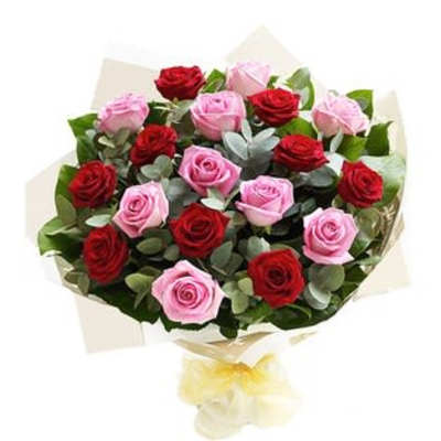 Bouquet of red and pink roses wrapped in pale paper