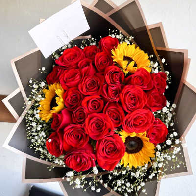 24 Roses and 3 Sunflowers in a Wrapped Bouquet
