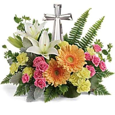 Floral arrangement with white lilies, pink roses, and orange gerbera daisies