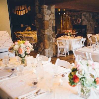Banquet tables with floral centerpieces in a decorated reception room