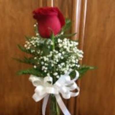 Single red rose in a clear vase with baby's breath and a white ribbon
