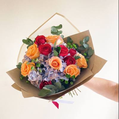 Blue Hydrangeas and 12 Roses in a Wrapped Bouquet