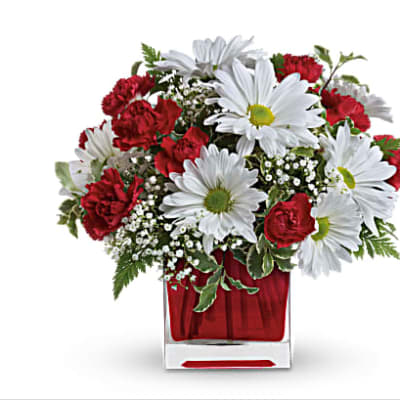 Red carnations and white daisies in a red glass vase