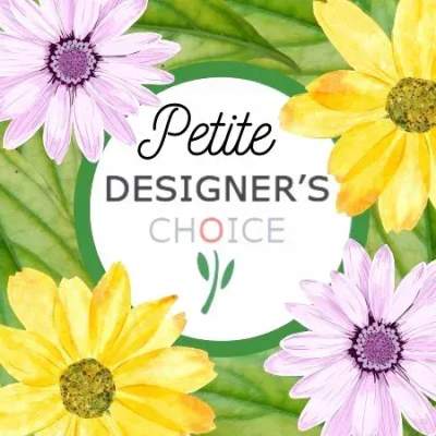 Floral graphic with yellow and lavender daisies around the words "Petite Designer's Choice"