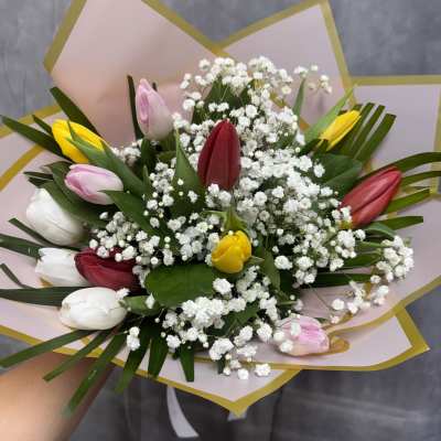 Bouquet of multicolored tulips with baby's breath in pink wrapping